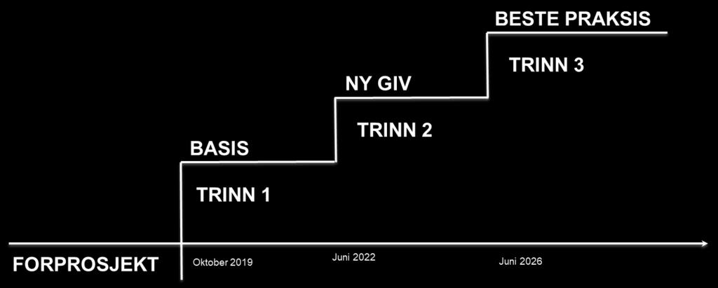 Trinn 1: Omstilling og etablering av BASIS Trinn 2: Utviklingskraft og NY GIV Trinn 3: Innovasjon, samskaping og BESTE PRAKSIS Denne prosjektplanen omhandler som nevnt bare Trinn 1 BASIS.