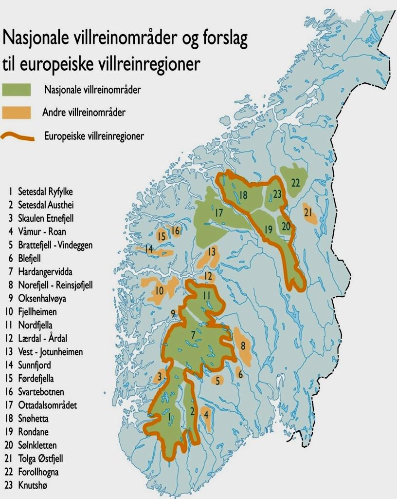 23 villreinområder 10 nasjonale villreinområder: Setesdal Ryfylke Setesdal Austhei Hardangervidda Nordfjella