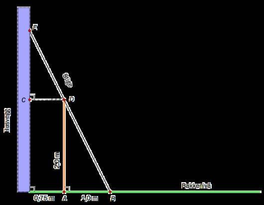 Oppgave 4 (3 poeng) Nettkode: E 4QQP En stige står på skrå mot en husvegg. Stigen berører et gjerde. Gjerdet er m høyt og står m fra husveggen. Stigen er plassert m fra gjerdet.