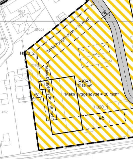 I tillegg foreslås et mindre område med maks 15 moh mot boligbebyggelsen i gbnr. 42/8 i vest, med byggegrense 8 m fra formålsgrense.