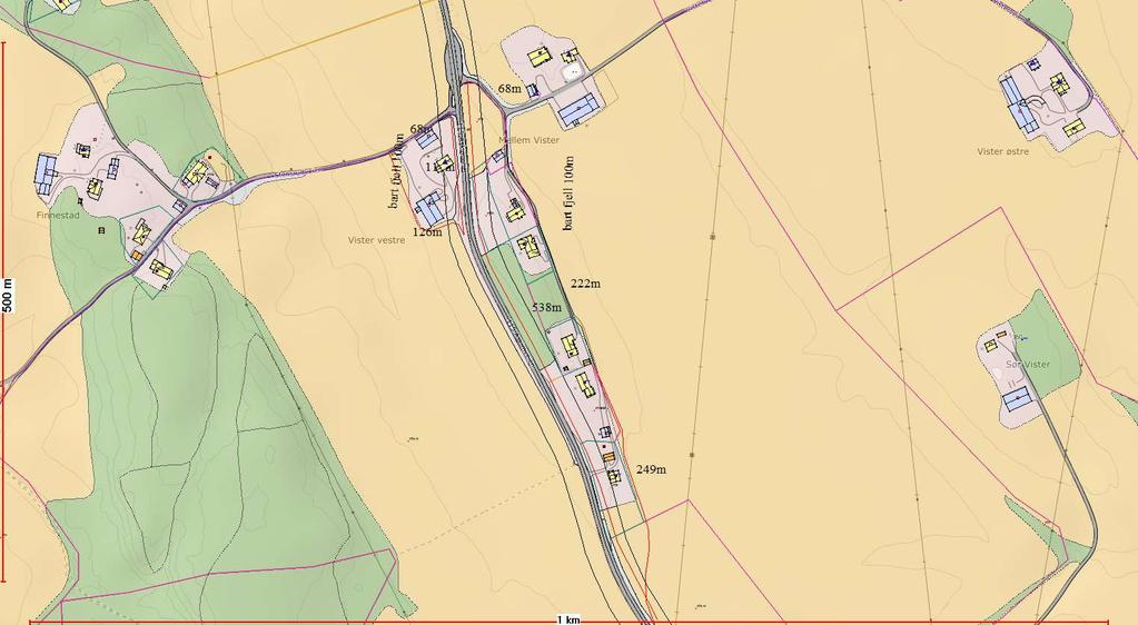 2B Vister vestre Mellem Vister Østside: boliger langs fv115 ved Vister: trangt areal mellom hus / kulturminne og fv115: alternativ kan være å forlenge eksisterende vei sørover bakom.