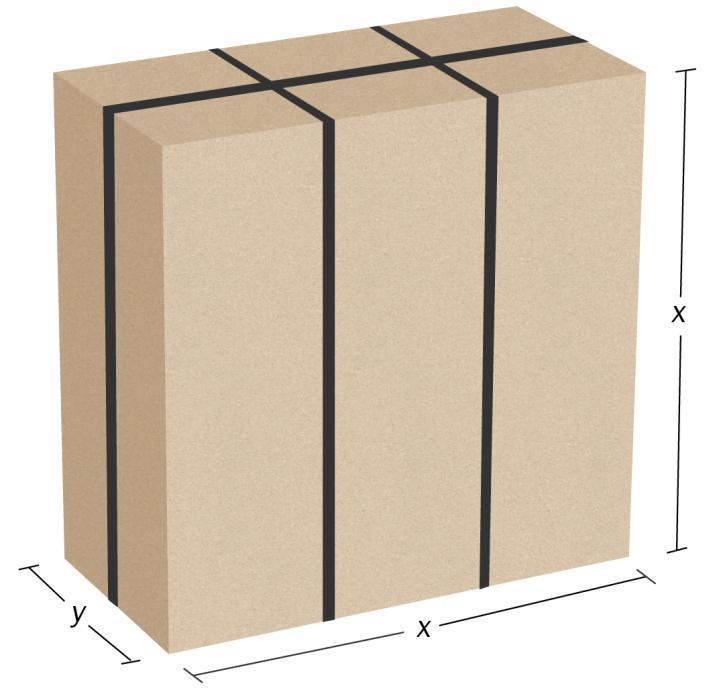Oppgåve 6 (3 poeng) Vi skal lage ei pakke med form som eit rett prisme. Pakka har breidd lik y cm, lengd lik x cm og høgd lik x cm. Vi vil sikre pakka med svart pakkeband. Sjå figuren nedanfor.