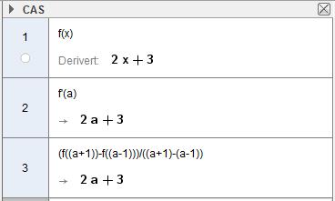 Vi ser at den momentane vekstfarten til f i punktet a, f( a ) er lik den gjennomsnittlege vekstfarten til f i intervallet a1, a 1. Dette gjeld for alle verdiar av a.