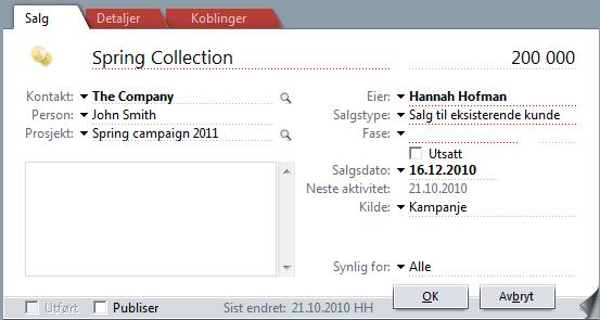 eventuell kontaktperson som er tilknyttet salget bruker-iden til den som har registrert salget Når du dobbeltklikker på et salg på listen, kommer du til Salg-bildet i SuperOffice Sales & Marketing,
