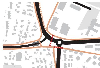 Illustrasjon rundkjøring ved Algarheimsvegen - prinsipp for mulig ny løsning v/algarheimsvegen Løsningen medfører at trafikken fra Bergmo må sørover til rundkjøringen før de kan kjøre nordover mot