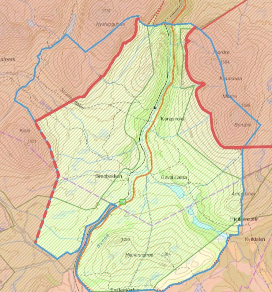 Kart 4: Kart over prøveterrengene til Fuglehundklubbenes forbund 2019-2022. Store deler av Hjerkinn Utmål og Kongsvoll Utmål er med i prøveterrenget som Fuglehundklubbenes forbund leier av Statskog.