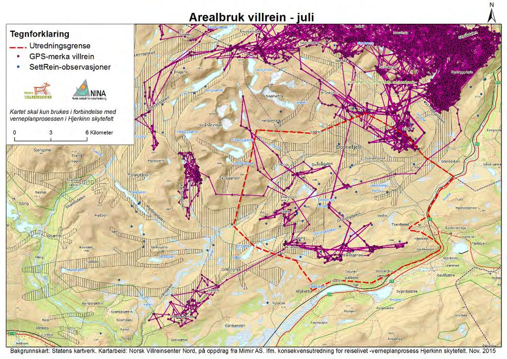 Kart 4: Villreinens arealbruk i områdene øst