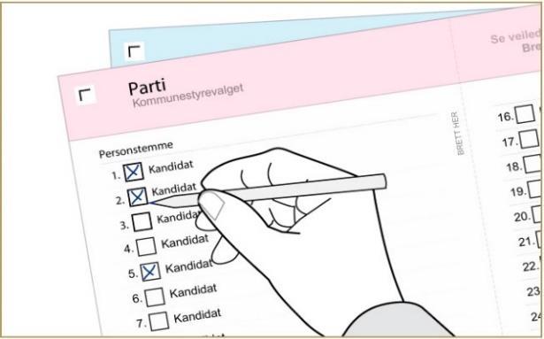 Endre på seddel - kommune Velger kan endre på stemmeseddelen til kommunestyrevalget på følgende måte: Personstemme: