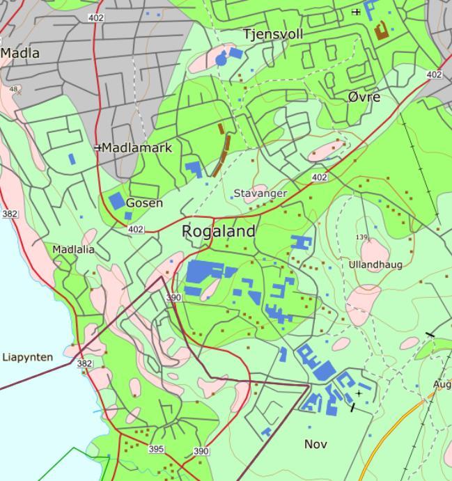 GJENNOMGANG AV LEDNINGSTRASE 29 Figur 3.10-2: NGU kart visende de geologiske avleiringer i området hvor traséen er plassert.