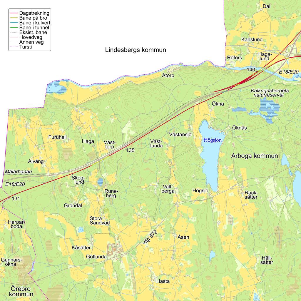 Beskrivelse av foreslått trasé i vestre og nordøstre del av Arboga kommune Sett fra grensen til Örebro kommune, ligger foreslått trasé i nesten ei mils lengde i kort avstand fra E18 / E20, på motsatt