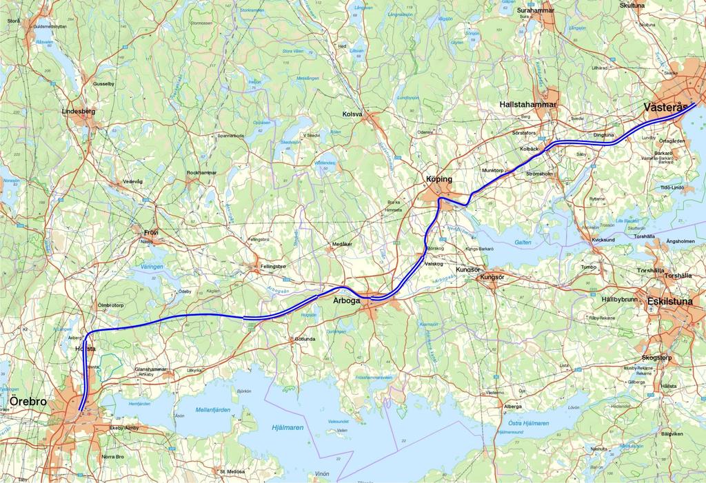 Det er også vanskelig å se noen naturlig trasé for en fortsettelse fra Kolbäck mot Köping. Linjen vil neppe kunne gå nær Mälarbanan, og i hvert fall ikke vest for Munktorp.