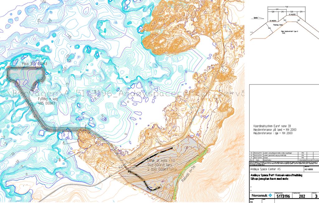 Figur 5. Molo, fylling i sjø og adkomstvei i sjø. Masseuttak markert med grått felt. 2.2.3 Masseuttak, kulvert og vei på land.