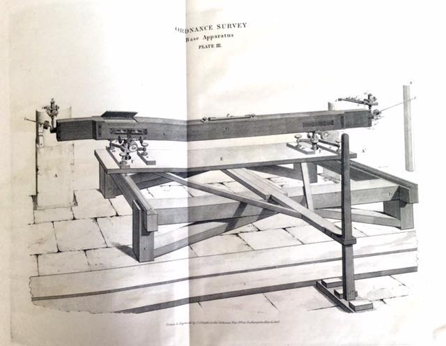 17 Tegning av apparat for måling av basislinje fra verket «Principal triangulation». 1858. London. Å måle en basis betydde at de måtte være flere personer.