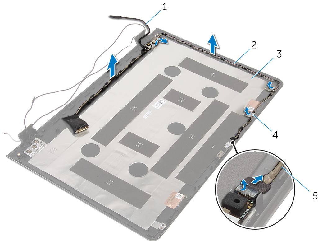 2 Noter deg hvordan kabelen er lagt, og ta skjermkabelen ut av kabelføringen på skjermens bakdeksel.