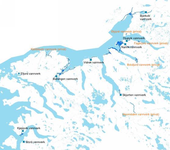 6. VANNFORSYNINGEN I NARVIK Vannforsyningen i Narvik kommune er preget av forholdsvis store avstander mellom de ulike tettstedene og vannverkene. Totalt vil Narvik ha ni kommunale vannverk.