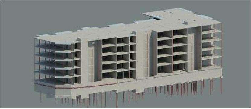 Figur 5.5: Utsnitt av 3D-modellen for byggetrinn 4, Konfeksjonsfabrikken Støttemurer/stabilitetssikring - Jordnaglet støttemur i sprøytebetong: I de øverste ca.