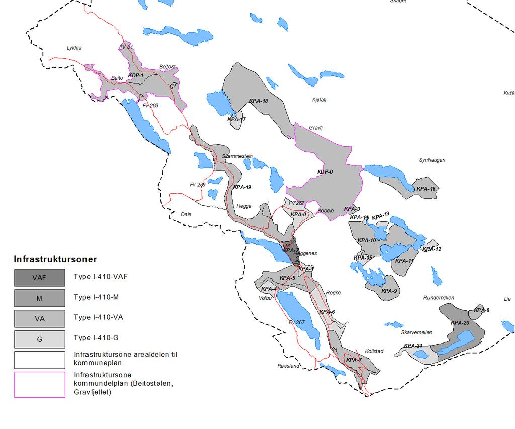Figur.1. Infrastruktursoner i gjeldande arealpaner arealdelen (KPA) og kommunedelplaner (KDP) for Gravfjellet og Beitostølen.