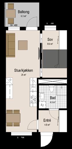 2 roms 47 kvm BRA Åpen kjøkken-/stueløsning med romslig spiseplass Store vindusflater og