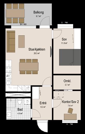 3 roms 65 kvm BRA God vestvendt balkong Gjennomgående leilighet med romslig