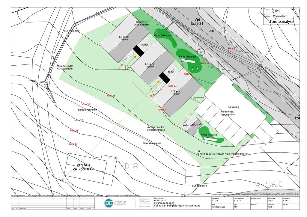 A 1-4 Alternativ 1 = 3 65 kvm = 3 BYA eks parkering 292, 4 m 2 Fellesavfall/bod Parkering fremtidige garasjer ( 1, 2 m fra ) BIM modell ArchiCAD 15 NOR Filplassering : F :\ Prosjekt \ Prosjekt \