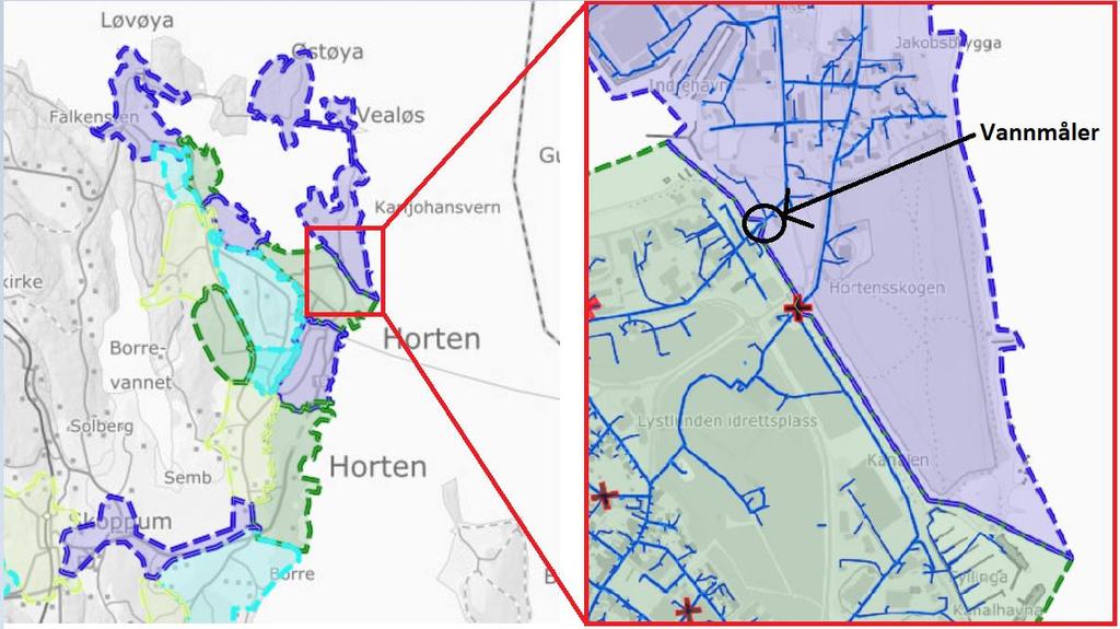 Figur 10: Kart over målesonene i Horten kommune. Til høyre i bildet er det en mer detaljert framvisning av skillet mellom to soner, der også ledningsnettet vises.