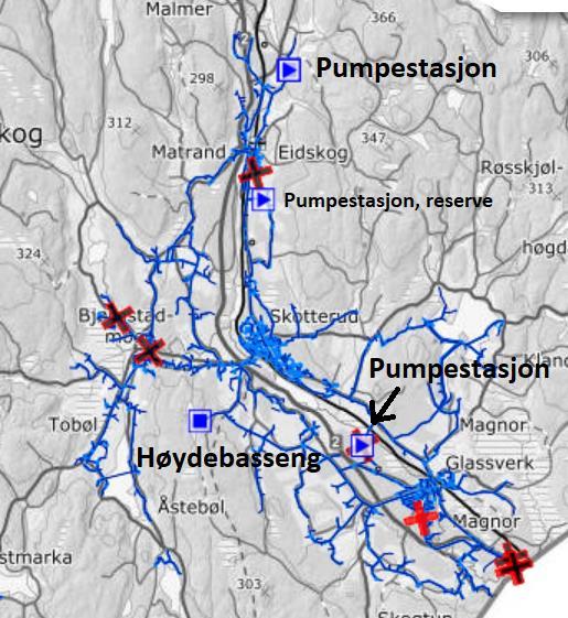 fører til lange ledningstrekk uten anboringer. Figur 28 viser et kart over distribusjonsnettet til Kroksjøen Vannverk. Figur 26: Distribusjonsnettet til Kroksjøen Vannverk.
