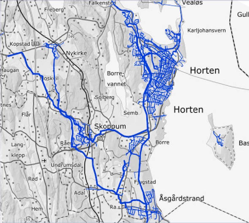 Figur 29: Vanndistribusjonsnettet til Horten kommune. Private stikkledninger vises ikke på denne figuren. Vestfold vann har et mål om at deres eierkommuner skal ned til en lekkasjeprosent på 20 %.