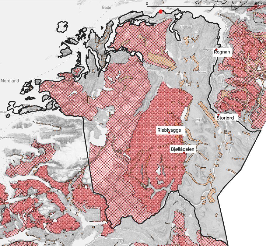 Hovedkalvingsområdet er i Riebbevagge, men strekker seg også mot Beiardalen, Tollådalen, Bjøllåvatna og Gila.