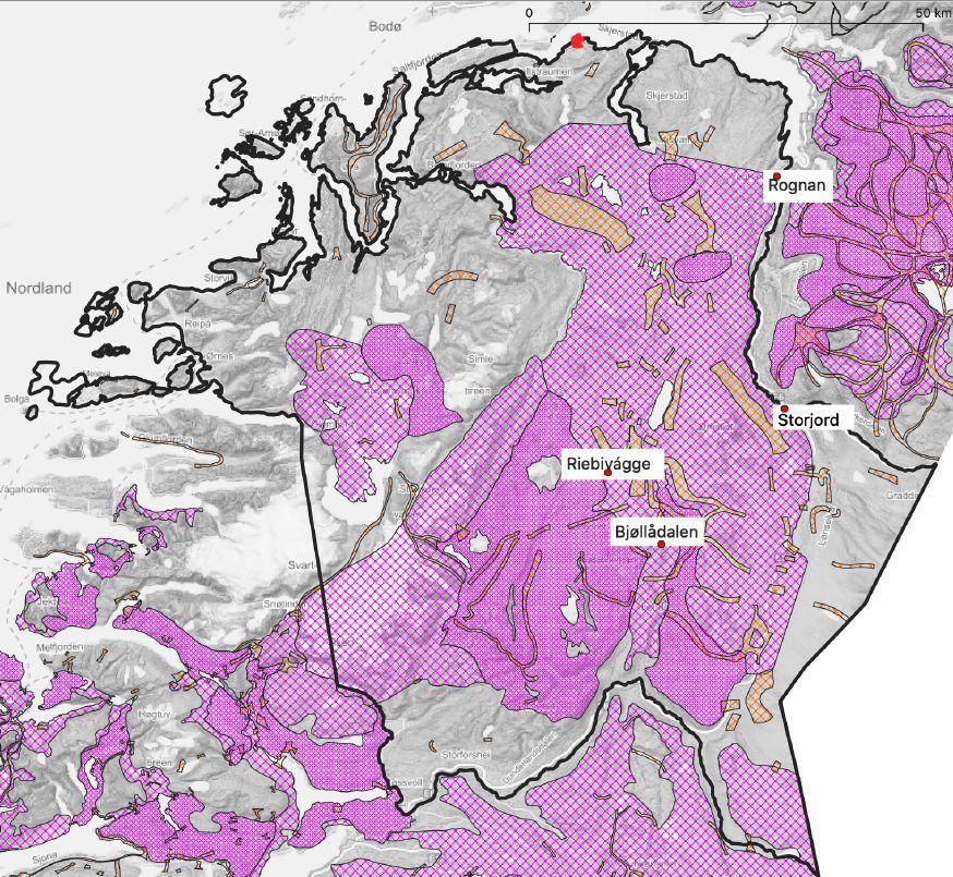 Figur 4.4 Høstbeiter i Saltfjellet reinbeitedistrikt. Parringsland er indikert med tett skravering.