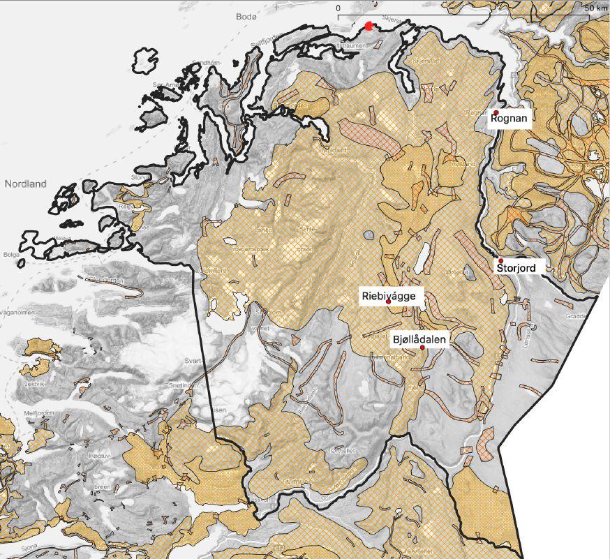 Figur 4.5 Høstvinterbeiter i Saltfjellet reinbeitedistrikt. 4.3.6 Vinterland Vinterbeitene befinner seg øst for Bjøllådalen og nordover mellom Beiarfjorden og Salten.