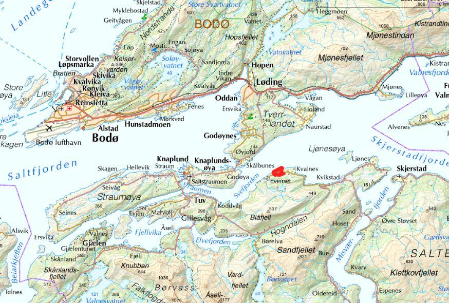 2 UTBYGGINGSPLANENE 2.1 Utbyggingsområdet Planområdet ligger ved Evenset, på sørsiden av Skjerstadfjorden ca. 8 km øst for Saltstraumen og vis a vis Tverrlandet (Fig. 2.1).