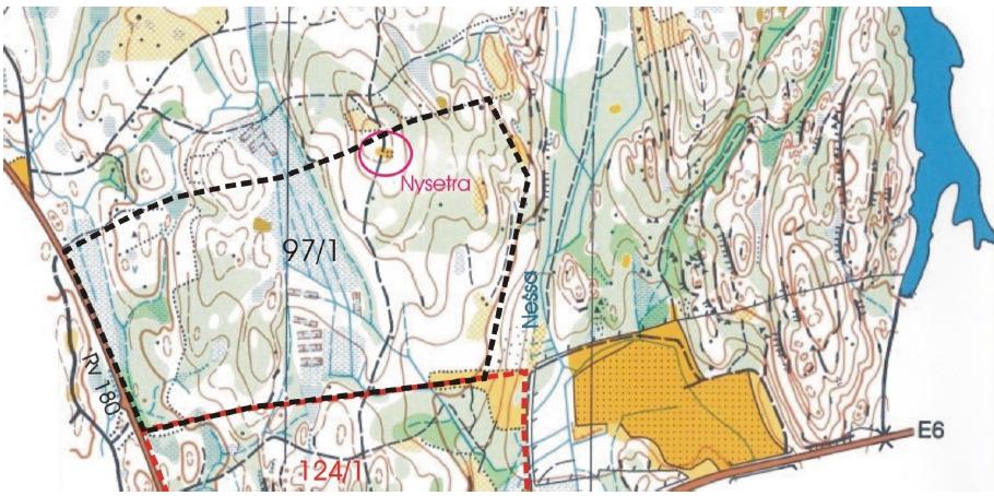 Restene etter seterbruket Nysetra skal ligge i tilknytning markeringen i kartet over. Kilde: Kommunedelplan - KU 3. Alternativer A. Planforslaget vedtas slik det foreligger. B.