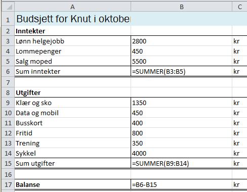 Eg sette inn tala i eit rekneark Med formlar Knut vil ha 1358 kr 1400