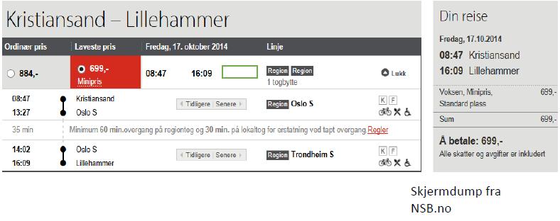 Oppgåve 4 Anna skal reise med tog frå Kristiansand til Lillehammer. Ho bestiller reisa på nsb.no som vist nedanfor. a) Kor lang er reisetida frå Kristiansand til Lillehammer?