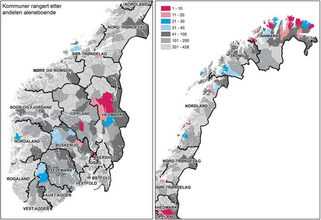 Bolig-Norge i kart Aleneboende Kommune Aleneboende Indeks OSLO 53 % 133 VARDØ 52 % 130 ETNEDAL 51 % 128 GAMVIK 50 % 126 MÅSØY 27-53 50 % 124 RENDALEN 49 % 121 NESNA 48 % 121 VÆRØY 48 % 120 BERLEVÅG