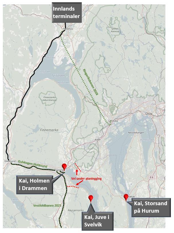 Figur 2 Skisse med mulige kaier og noe planlagt infrastruktur Samtidig med å tenke løsninger vil det også være