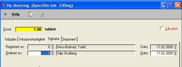Fanen Signatur Registrert av Registrert av skal være den som har registrert doseringen. Feltet blir automatisk fylt ut med innlogget ansatt og er ikke mulig å endre.