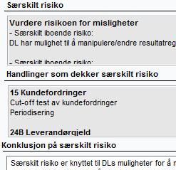 Oppsummering av utført revisjon Viktige regnskaps- og revisjonsmessige forhold er oppsummering fra planleggingsfasen til informasjon når man i boksen under, Oppsummering, skal konkludere på funn i