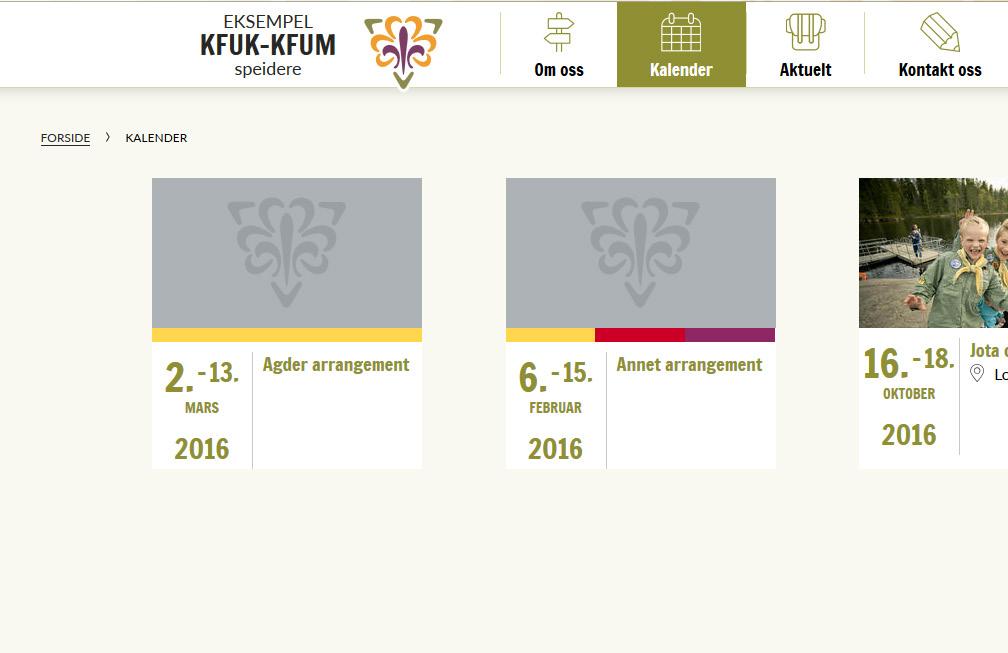 4. Kalender Menypunktet Kalender er tenkt å inneholde en liste over aktuelle hendelser i gruppa/kretsen fremover.