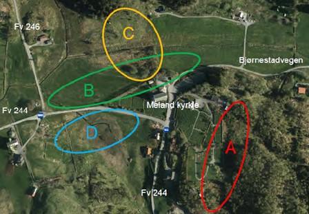 Figur 4: Område vurdert i moglegheitsstudia Endring av eksisterande reguleringsplan for Meland kyrkjegard vart starta opp tidleg i 2018.