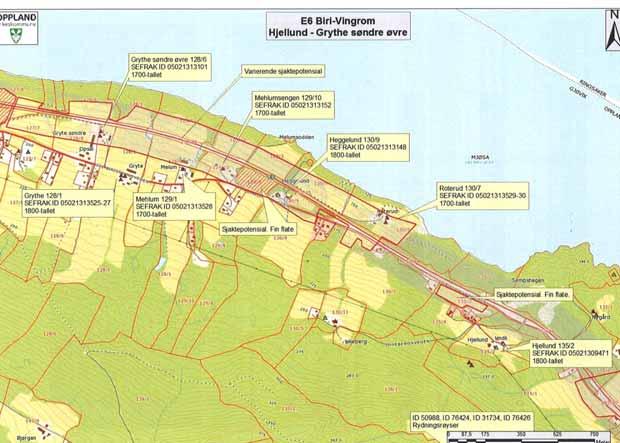 122-(166) E6 BIRI - VINGROM - KOMMUNEDELPLAN Kulturmiljø 4: Hjellund Gryte søndre øvre Figur 124 Kulturminner ved Hjellund - Gryte Beskrivelse: Kategori: kulturlandskap, fornminner Fornminner: Det er