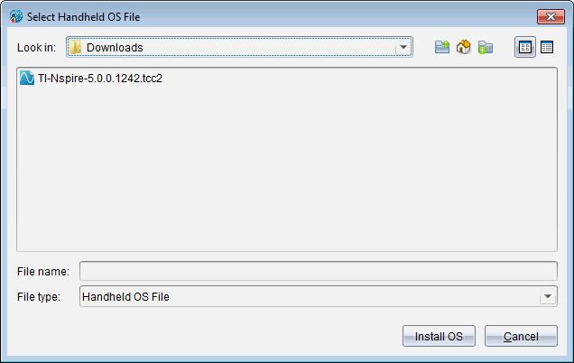 Filen som vises for valg er som standard den filtypen som trengs for den valgte grafregneren. 1. Velg OS-filen: Hvis du oppgraderer en TI-Nspire CX II handheld, velg TI-Nspire.
