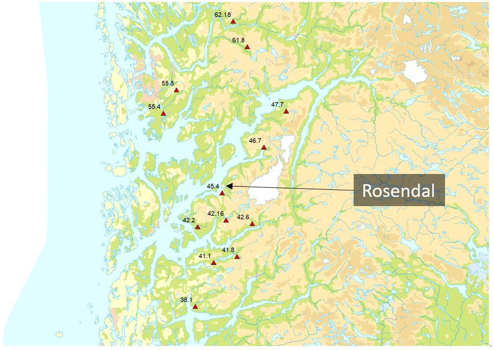 Figur 6 Vannmerker benyttet i regional flomanalyse Vurdering av årsmiddeltilsig i Hattebergselva NVEs avrenningskart (61-90) oppgir et årsmiddeltilsig på 102 l/s/km² ved Hattebergselvas utløp i sjøen.