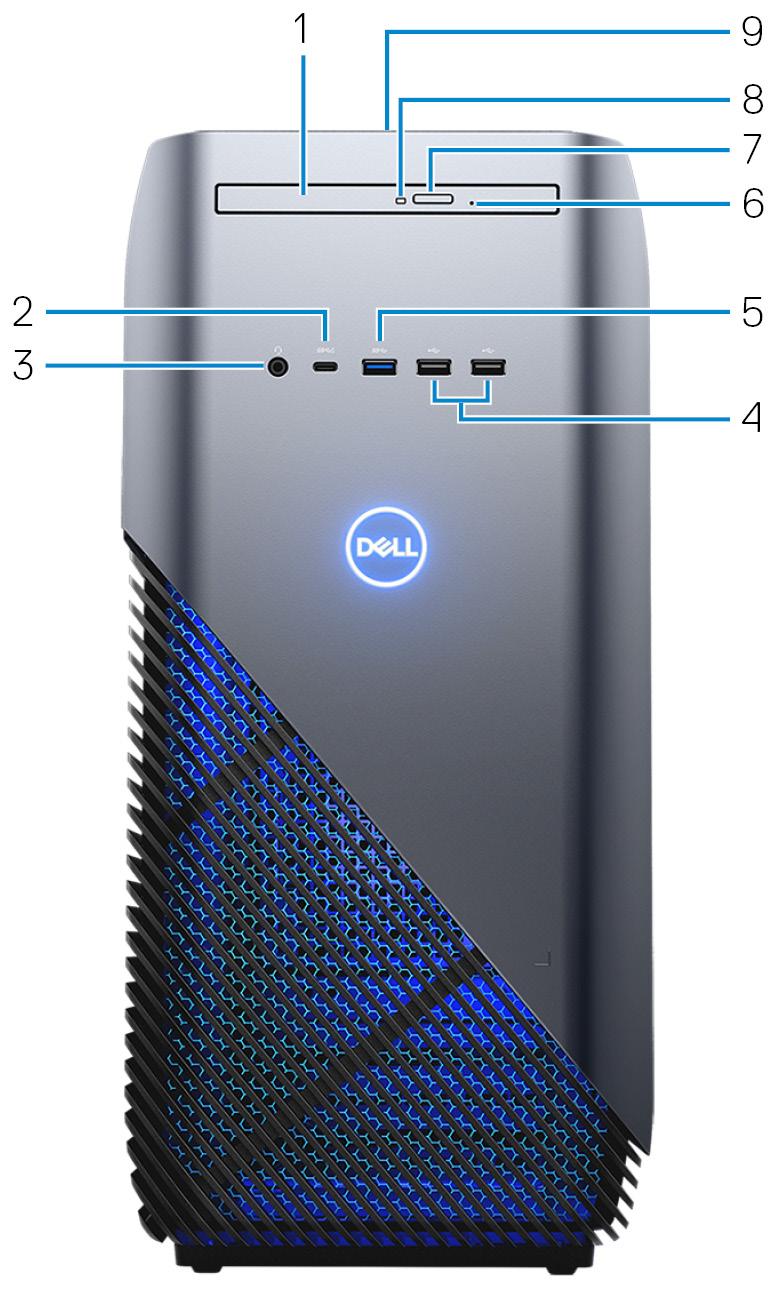 Visninger Foran 1 Smal optisk stasjon Leser og skriver til CD-, DVD- og Blu-ray-plater. 2 USB 3.