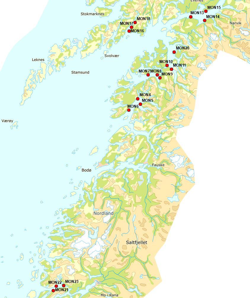 Figur 36. Stasjonsplasseringen for de 18 fjærestasjonene undersøkt i 2017. (kart fra geonorge.no, wms- server) 3.