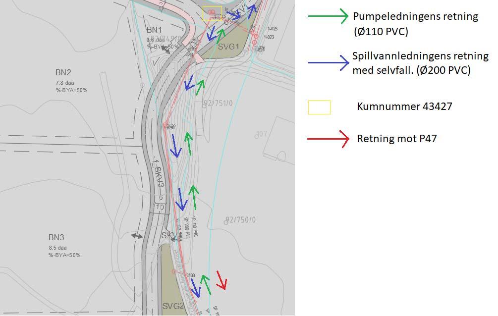 N/F2 N/F3 Figur 4: Oversikt over pumpeledningen og spillvannets retning Overvann: Arealet av planområdet er i dag delvis ubebygd med unntak vest for planområdet hvor det i dag ligger eksisterende