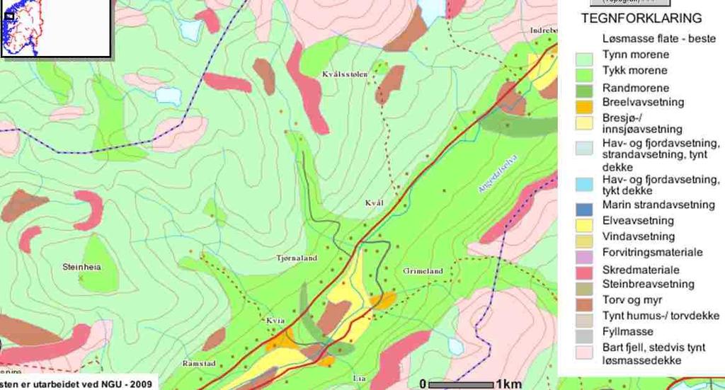 Grøvla Kraftverk AS 30. november 2009 10 Figur 5. Dette kartet viser førekomsten av lausmassar innan utbyggingsområdet.
