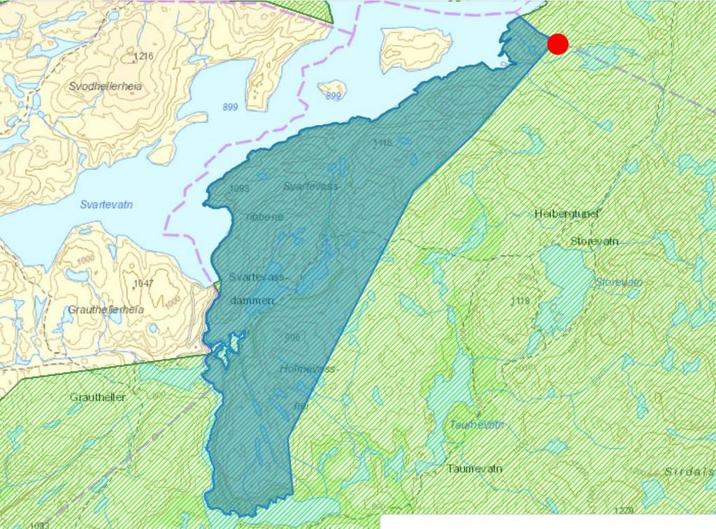 Side 4/10 Rød prikk på kartet viser plassering av dagens jakthytte i sammenheng med Kyllingstad sin eiendom på ca. 28000 dekar øst for Svartevassmagasinet i Sirdal kommune.