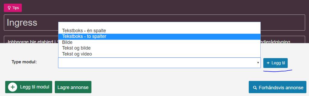 Velg hvilken modul som skal legges til ved å klikke på «legg til modul» nede til venstre. Se bilde under.