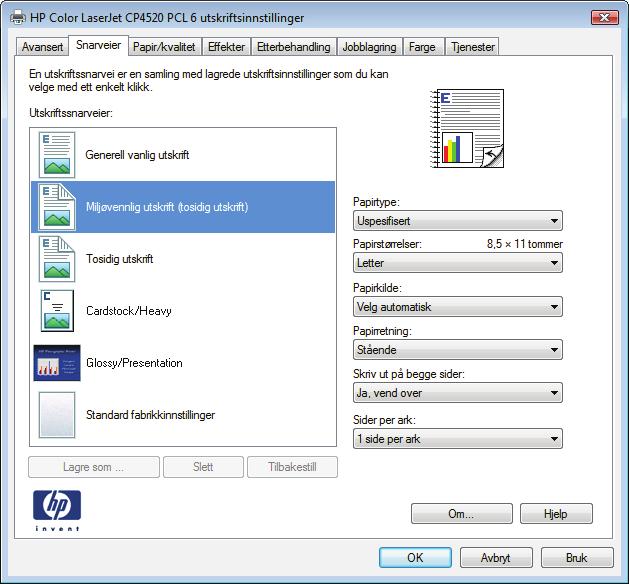 Opprette utskriftssnarveier (Windows) 1. Velg alternativet Skriv ut ved hjelp av programmet. 2. Velg produktet, og klikk deretter på Egenskaper eller Innstillinger. 3.